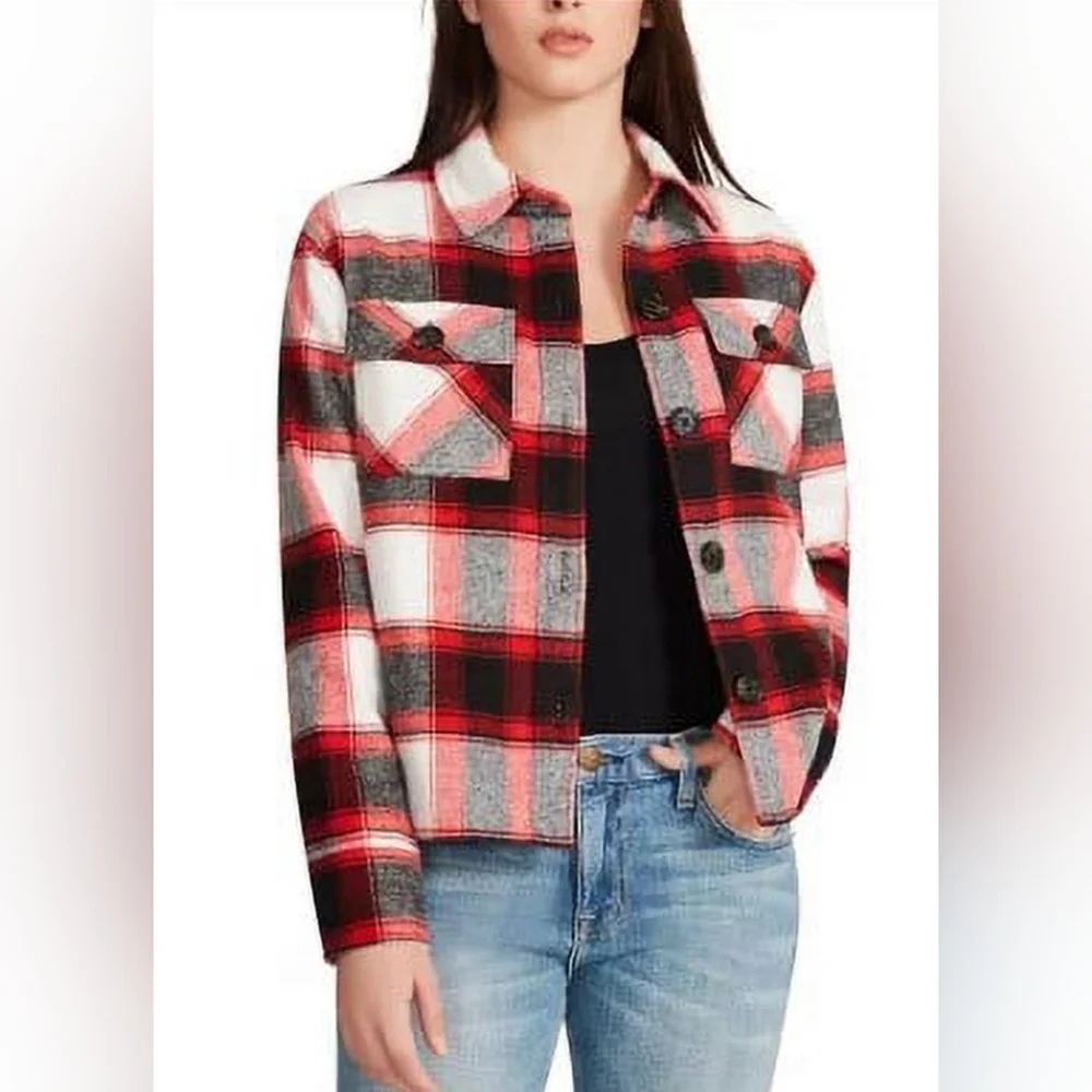 NWT BB Dakota by Steve Madden Women's Boxy Shacket Size small Racing Red Multi - Picture 1 of 5